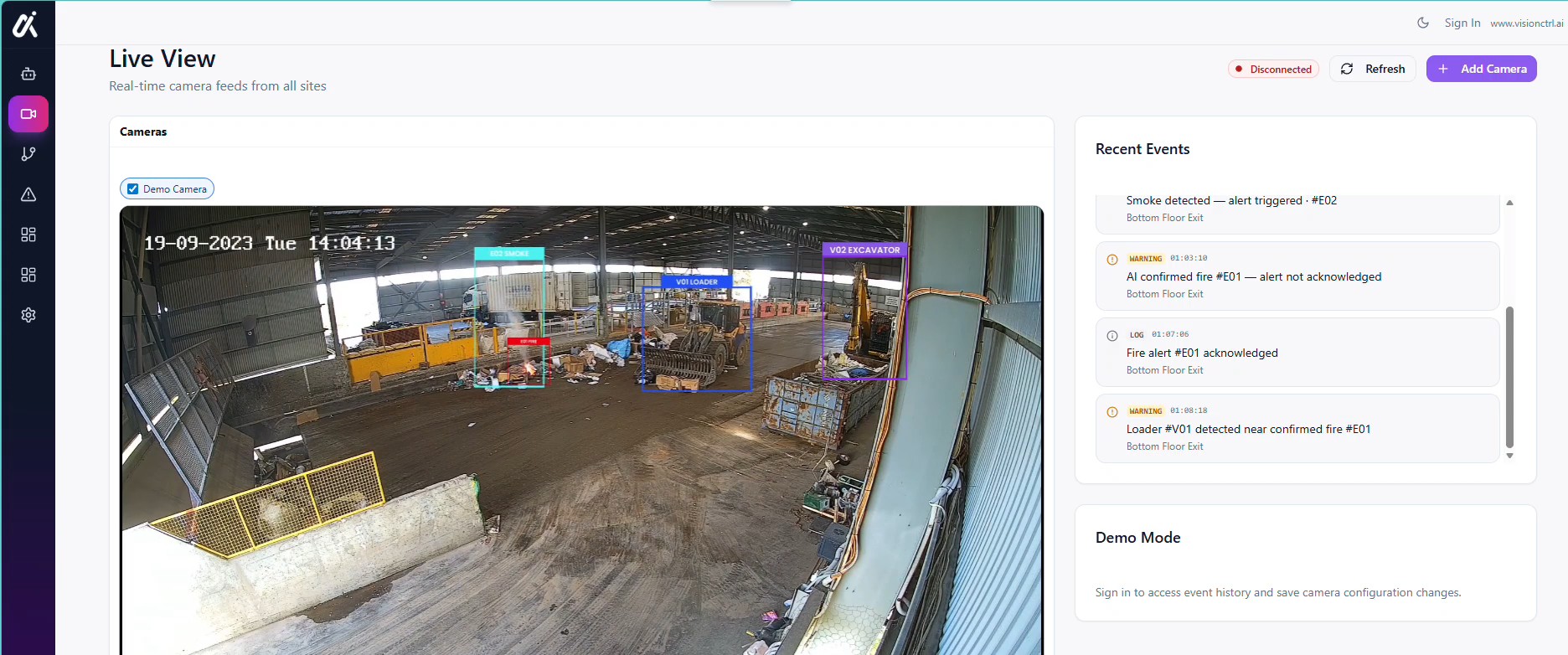VisionCTRL Live View in demo mode with the event log showing smoke detected, AI confirmed fire and fire alert acknowledged beside a waste-site camera feed