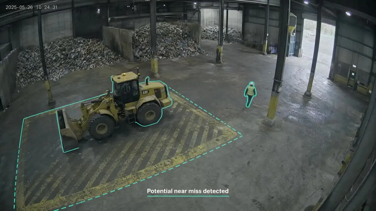 Product output: a loader and a pedestrian outlined in teal inside a hatched danger zone, labelled potential near miss detected