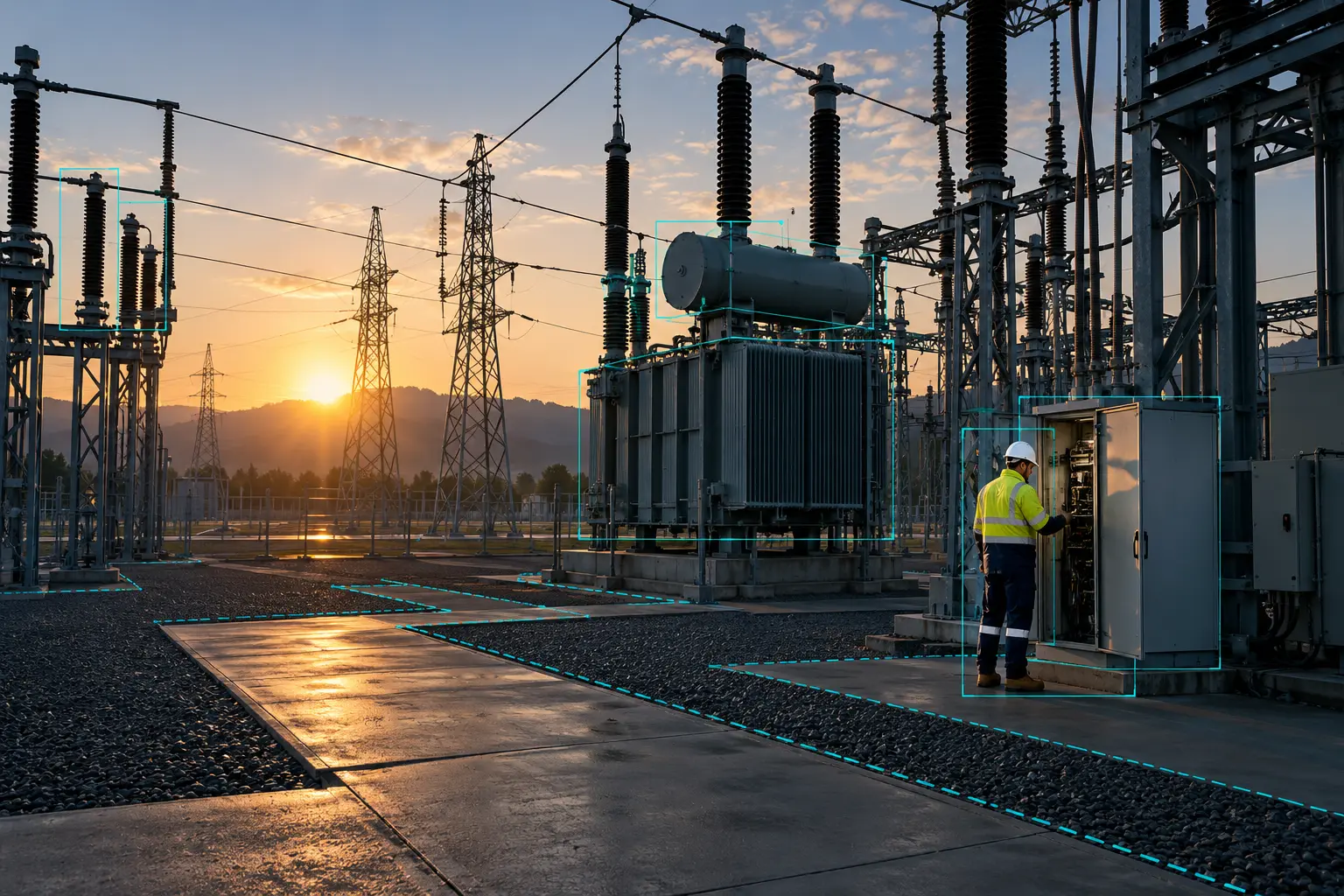 Electrical substation at sunset with a worker at a switchboard and restricted zones marked