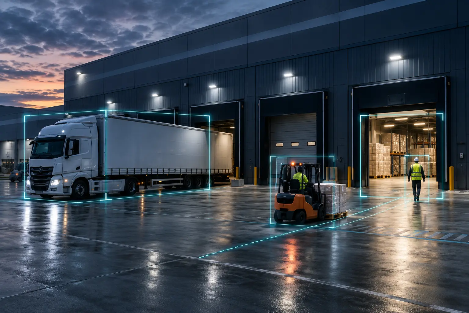 Truck at a loading dock with a forklift and a worker on foot each tracked in their own zone