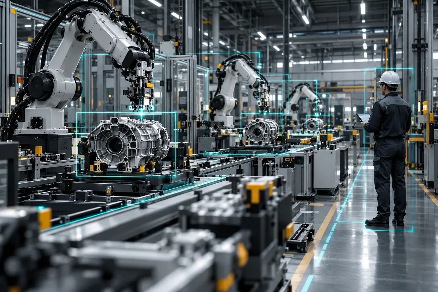 Robotic assembly line with detection zones on each cell and a supervisor on the walkway