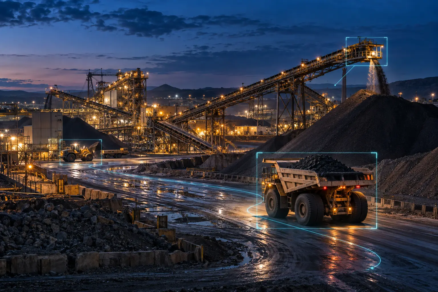 Haul truck and loader tracked on a mine site at night, with conveyors feeding a stockpile