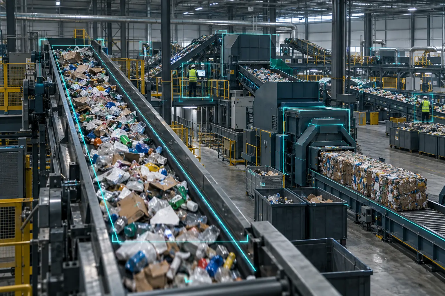 Materials recovery facility with detection boxes on the sorting conveyor, baler and workers